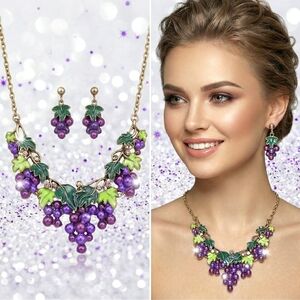 Silver pink crystal Purple and green grapes  Necklace earrings set